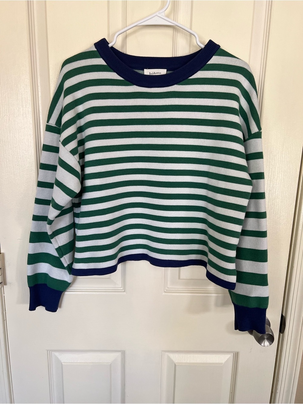 Böhme Boxy Green White Striped Cropped Knit Sweater Blue Trim Medium